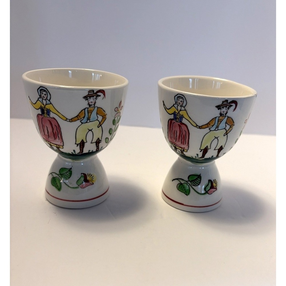 2 Vintage Hand Painted Ceramic Egg Cups Swedish/Dutch Dancers & Flowers 3 1/2" H